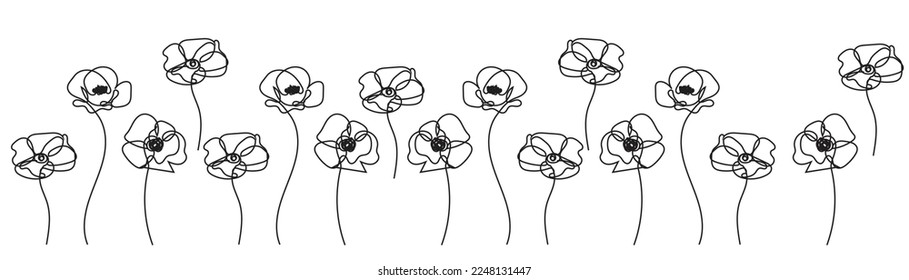 Poppies flowers continuous line drawing. Editable line. Black and white art