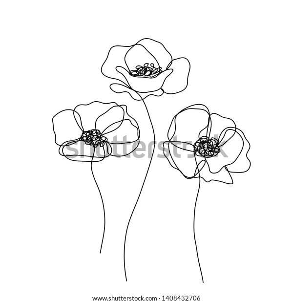 Poppies flowers continuous line drawing. Editable\
line. Black and white\
art