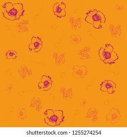 poppies flowers pattern hand drawn on  orange backgound. colorful botanical vector illustration