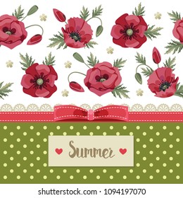 Poppies flowers pattern. Summer flowers vector background