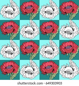 Poppies flowers vector hand drawn abstract seamless pattern