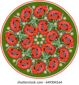 Poppies flowers vector hand drawn abstract round illustration