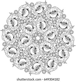 Poppies flowers vector hand drawn abstract round illustration