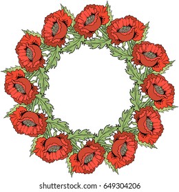 Poppies flowers vector hand drawn abstract round illustration