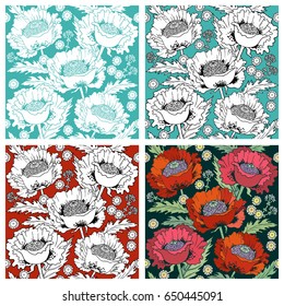 Poppies flowers vector hand drawn abstract backgrounds set