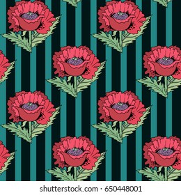 Poppies flowers vector hand drawn abstract seamless pattern
