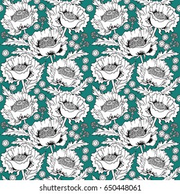 Poppies flowers vector hand drawn abstract seamless pattern