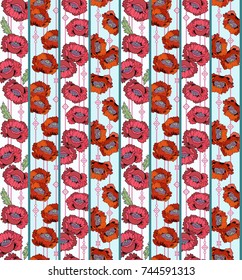 Poppies flowers vector hand drawn abstract seamless pattern. Wallpaper design