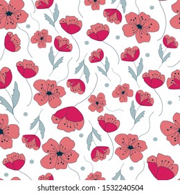 Poppies forever, seamless repeat vector with poppy flowers in bloom, surface pattern