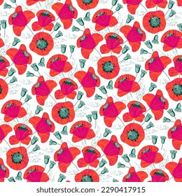Poppies garden, vector seamless floral pattern with bright red flowers