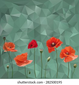 Poppies isolated on triangles vector background  in green tones.
 