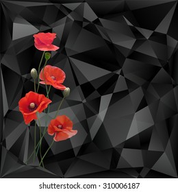 Poppies isolated on triangles vector background in black tones.