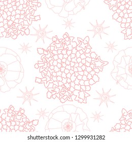 Poppies, meadow flowers and buds shapes, outlined in pale pink shade on white background seamless vector pattern.