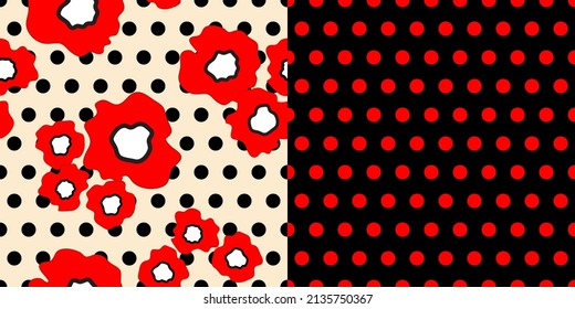 Poppies on a beige background with polka dots and a black background with red polka dots. Set of seamless patterns created in colors and shapes that complement each other. For fashion design. Vector.