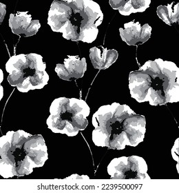 poppies on a black background. Floral seamless pattern with big bright flowers. Summer vector illustration for print textile, fabric, and wrapping paper. black and white watercolor vector illustration