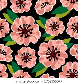 Cachorros en un fondo negro. Un patrón de flores estilizadas de rosa mutado. Papel de escritorio, impresión textil, papel envolvente, relleno de páginas.
