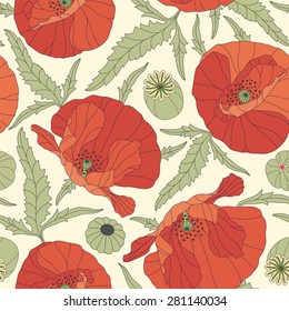 poppies on a yellow background in seamless pattern