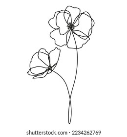 Poppies one line drawing. Minimalist drawing of a poppy on a white background. Outline flower.