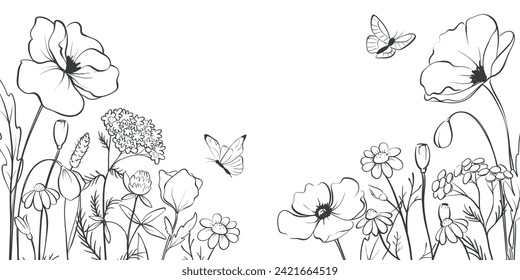 Poppies and other wild flowers. Sketch in lines, freehand drawing. Vector illustration, summer background, flower meadow.	