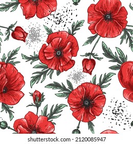 Poppies Pattern Flowers vector. Drawn by a color on a white background. Flowers for the memorial. Remembrance day. 