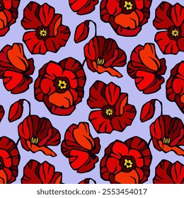 Poppies pattern. Grunge background isolated on White Background. Vector Illustration.