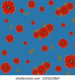 poppies pattern on a blue background. vector illustration. fabric background