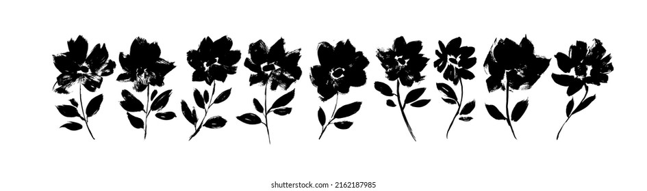 Poppies, peonies, chrysanthemums hand drawn vector set. Black brush paint flower silhouettes with leaves. Ink drawing flowers, monochrome artistic botanical illustration. Brush strokes silhouette