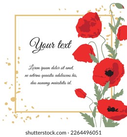 Poppies. Postcard with red flower background . Bouquet. line art flower. Red poppy postcard. Print for T-shirts, fabrics, posters, stickers, postcards,packaging, label. holiday for women