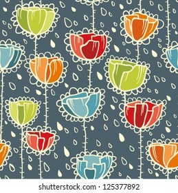 Poppies and rain Seamless Pattern in Retro Style