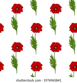 Poppies are red with green stems and leaves on a white background 
with an old vintage texture. Floral seamless vector pattern.