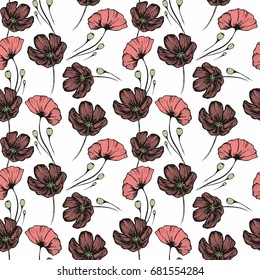 Poppies. Seamless hand drawn pattern for the design of textiles, clothing, curtains, wallpaper, packaging and wrapping paper, covers, tiles and other surfaces