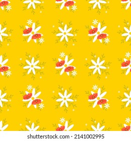 Poppies seamless pattern on yellow  background. Red poppies and white daisies vector art on yellow background for decoration and print. 