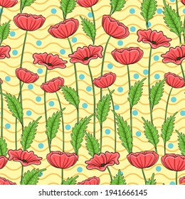 Poppies Seamless Pattern On Zig Zag And Polka Dots Background