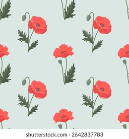 Poppies seamless vector pattern. Bright various poppies in flat style on light green background.
