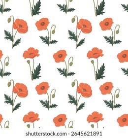 Poppies seamless vector pattern. Bright various poppies in flat style on white background.