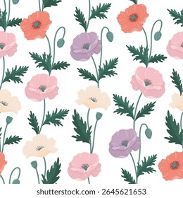 Poppies seamless vector pattern. Delicate multicolored poppies in flat style on white background.