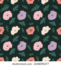 Poppies seamless vector pattern. Delicate multicolored poppies in flat style on dark background.