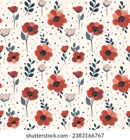 Poppies seamless vector pattern. Red poppies and leaves on a light background. Beautiful background for print, fabric and sale