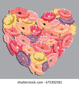 Poppies in a shape of heart. Vector illustration on grey background