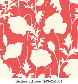 Poppies silhouettes floral seamless pattern. Meadow flowers and leaves botanical endless print on red background in modern flat style for wallpapers and textile.