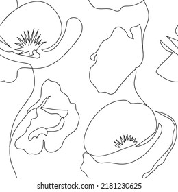Poppies en un único estilo de dibujo de línea continua sin fisuras. Ilustración vectorial simple moderna. Muestra un patrón sin fisuras sobre fondo blanco. Dibujo de esquema de las amapolas. Patrón de esquema de los programas. 