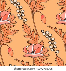 Poppies stripped seamless pattern. Abstract poppy seamless pattern for textile design. Floral seamless vector pattern. Graphic modern pattern. Vector illustration background. Vector design print