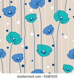 Poppies stripped seamless pattern. Beige, blue, marine.