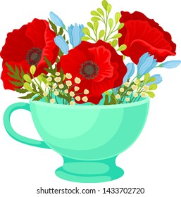 Poppies in a turquoise mug. Vector illustration on white background.