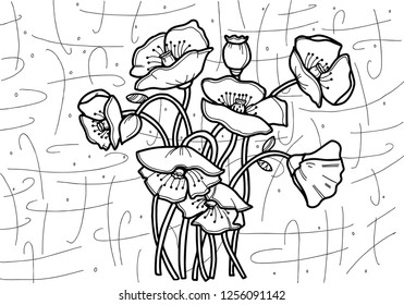 Poppies Vector.  Drawing line art style. Coloring for adults.