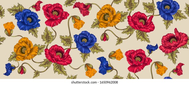 Poppies. Vector seamless background in vintage style. Plant pattern. Botanical drawing.