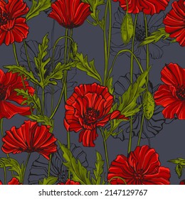 Poppies - vibrant multicolor seamless background. Vector illustration, ink engraving suitable for printing on fabric and packaging