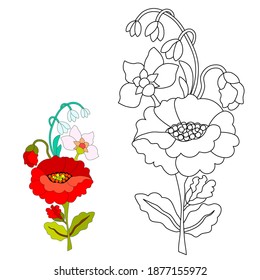 Poppies and wildflowers for coloring,red poppyes,white lilies of the valley,green leaves,stylized,hand-drawn,black line on white background,use for coloring with watercolors,gouache,markers or pencils