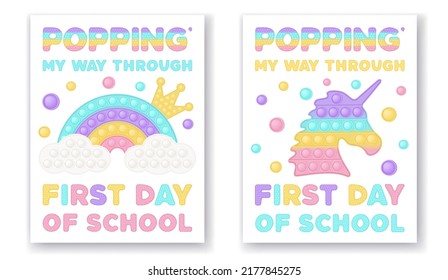 Poppin my way trough first day of school - set of two greeting cards pop it fidget toy vector design with illustrations unicorn and rainbow. Printable gift tags, banner or labels in pastel popit style