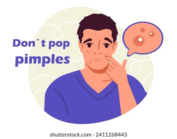 Popping acne concept. Sad man with skin and face problems. Infographics and educational materials. Poster or banner. Cartoon flat vector illustration isolated on white background
